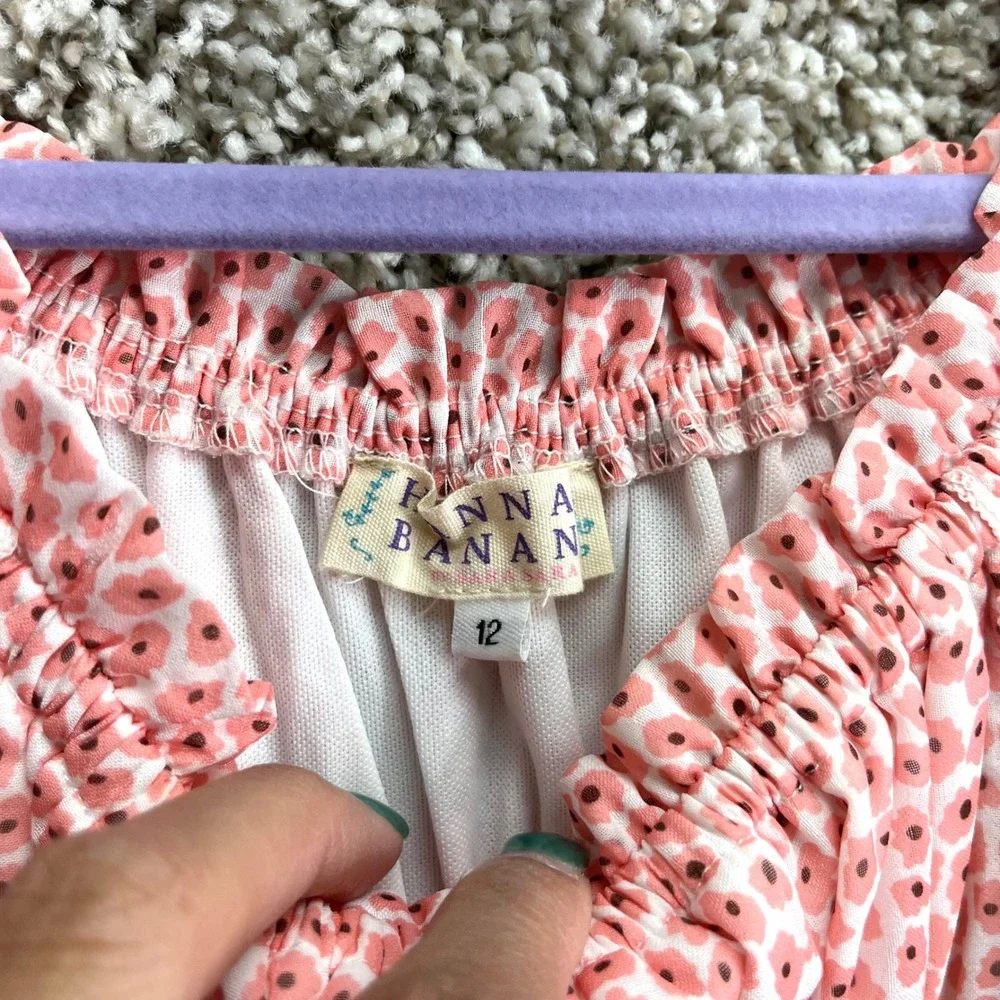 Hanna Banana Romper Girls 12 Pink Floral Print Short Flutter Sleeve Smocked